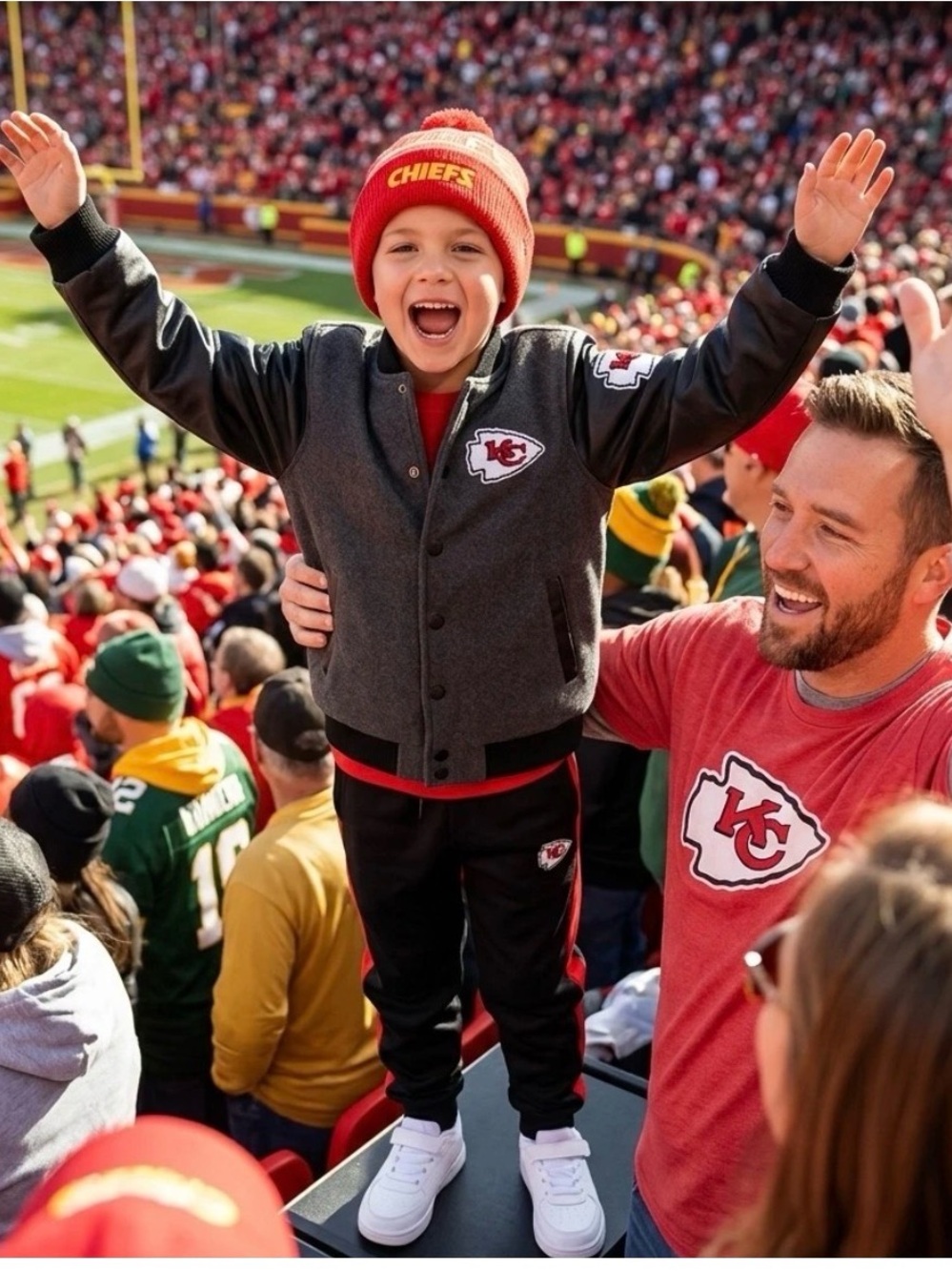 NWT! NFL $155 KC Chiefs Kids Grey & Black Chenille Bomber Jacket - 10/12, 14/16